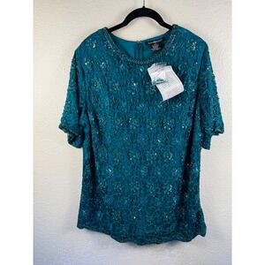 Woman Within Royal Jade‎ Sequin Beaded Lace Top Women 16W Short Sleeve Formal